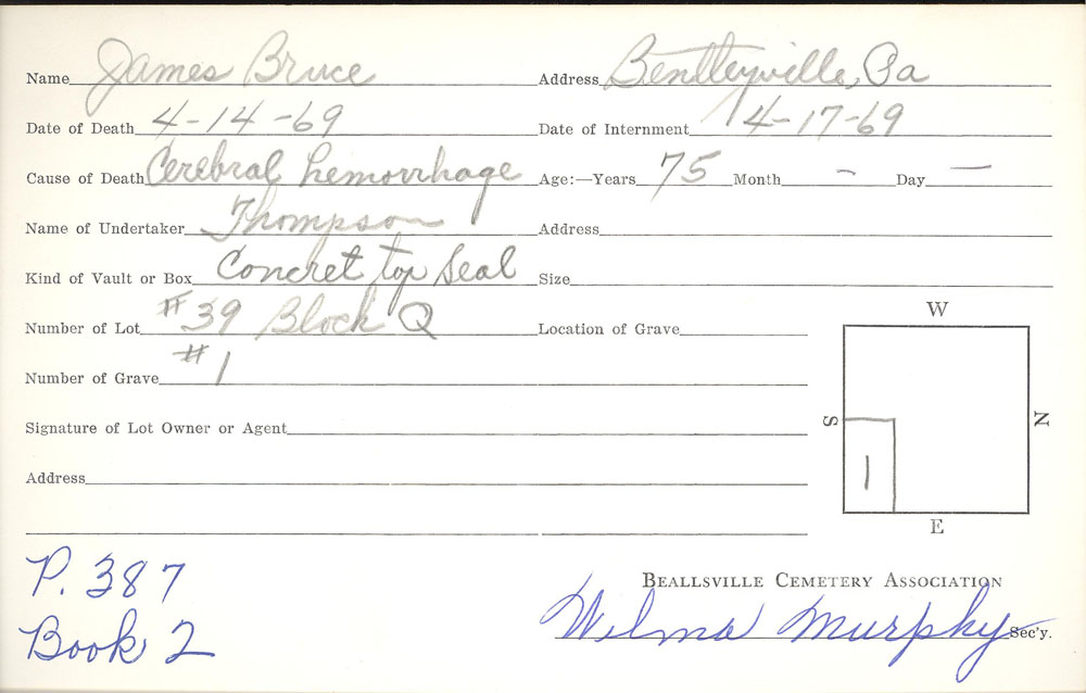 James E. Bruce burial card